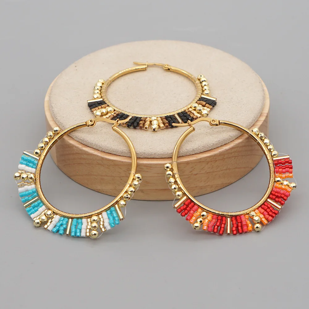 Statement Earrings Oversized - Big Circle Earrings Hand beading Bohemia